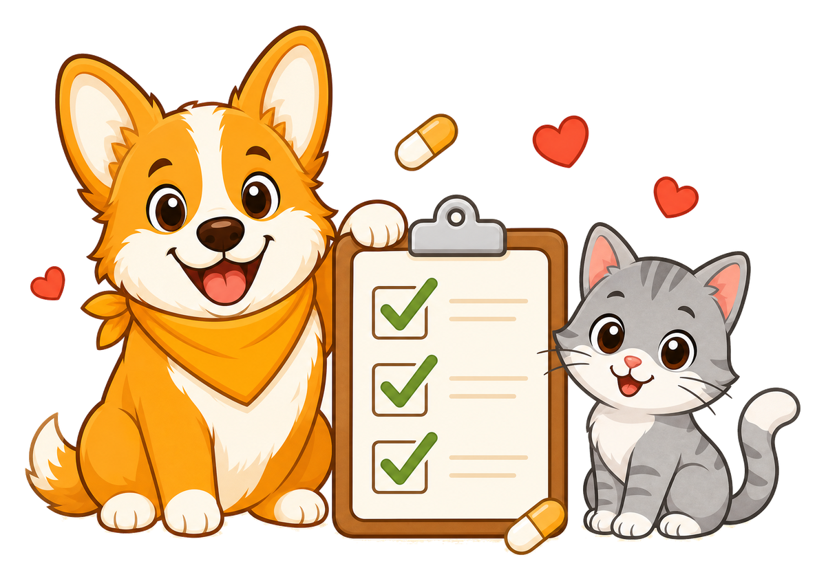 Pip the corgi and a cat friend with a completed pet care checklist